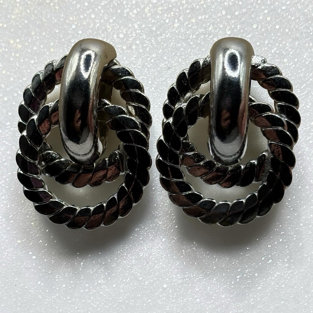 Door Knocker Earrings Silver Tone Vintage Screw Back Double Loop Flat Textured